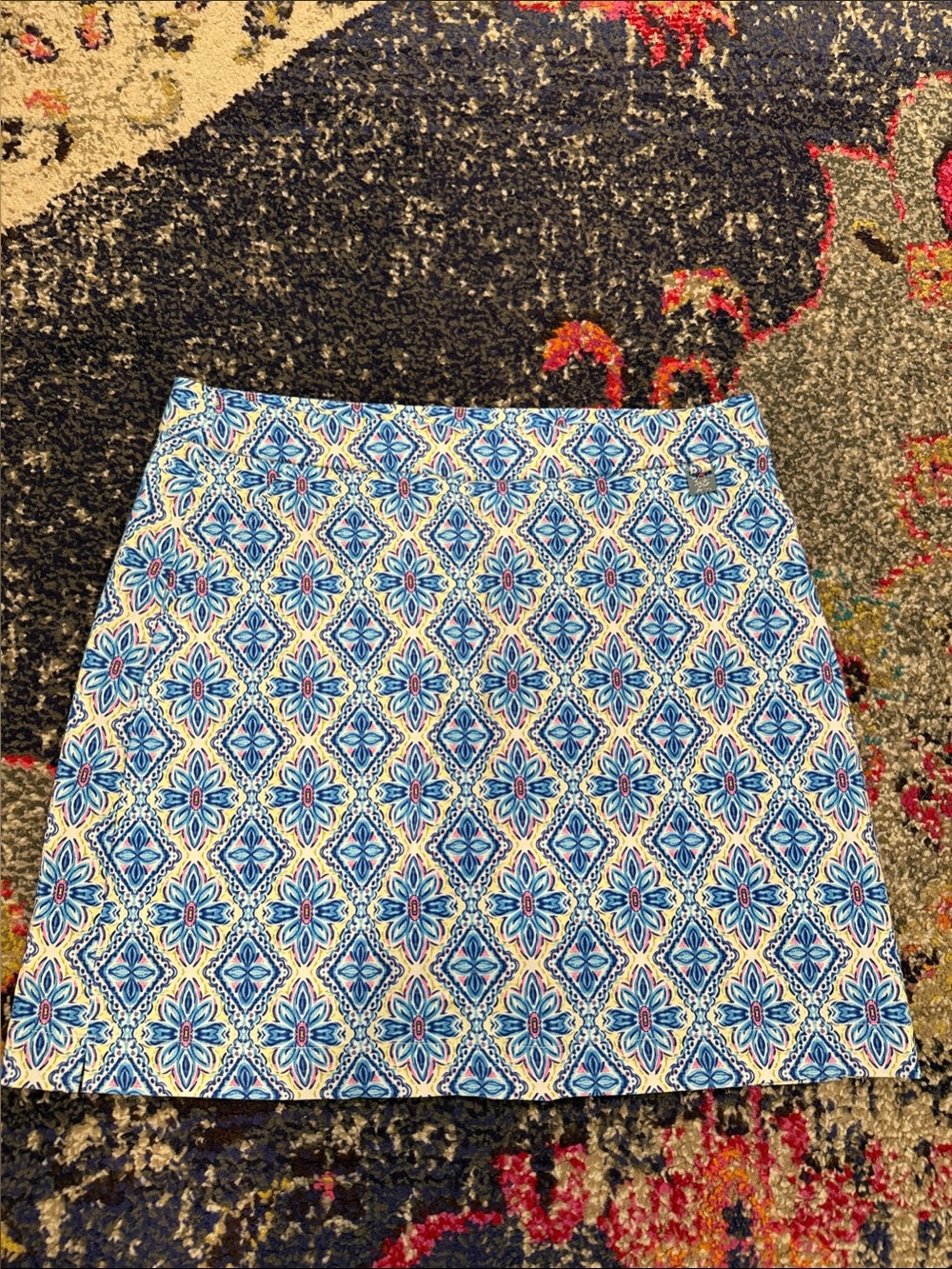 Rafaella Blue and White Geometric Floral Mini Skirt